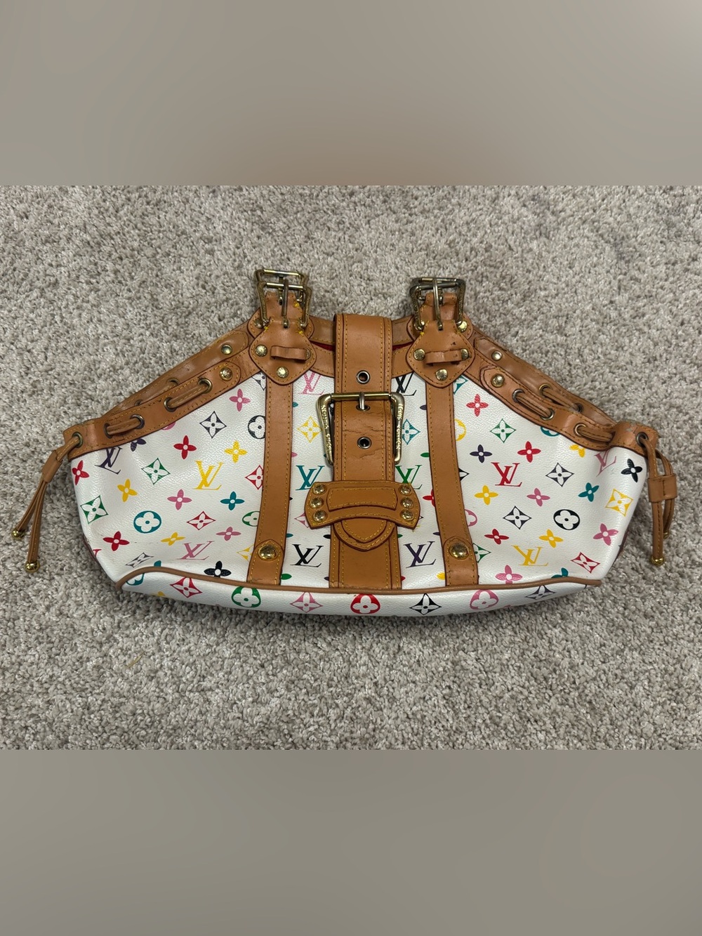 Source Unknown White Multicolor Monogram Shoulder Bag with Tan Trim
